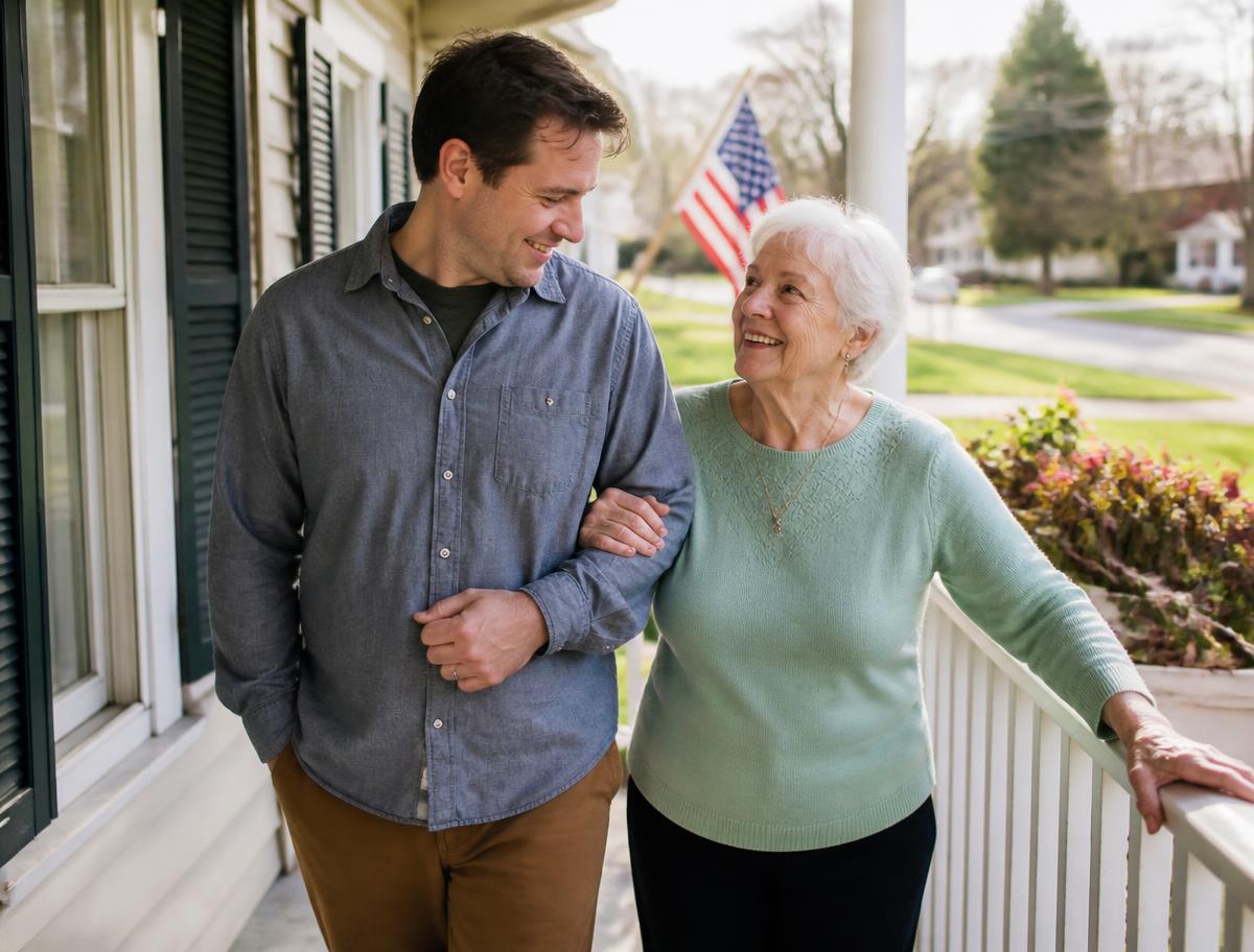 A son walking with his elderly mother outside her Michigan home
