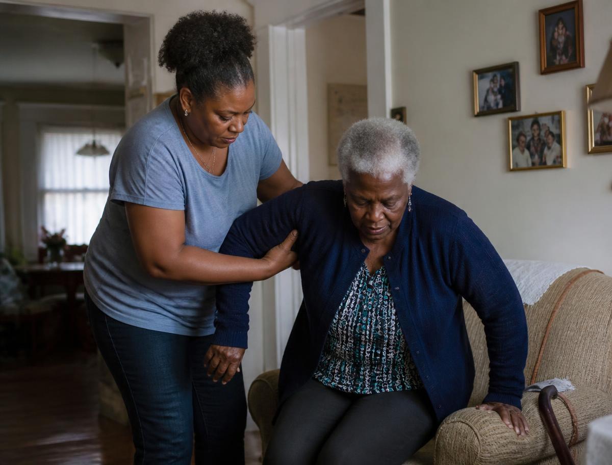 A daughter helping her elderly mother up from a chair in their Lansing home